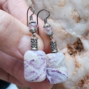 Vintage Jewelry Silver Boho Earrings Purple Charoite Stone Ethnic Design